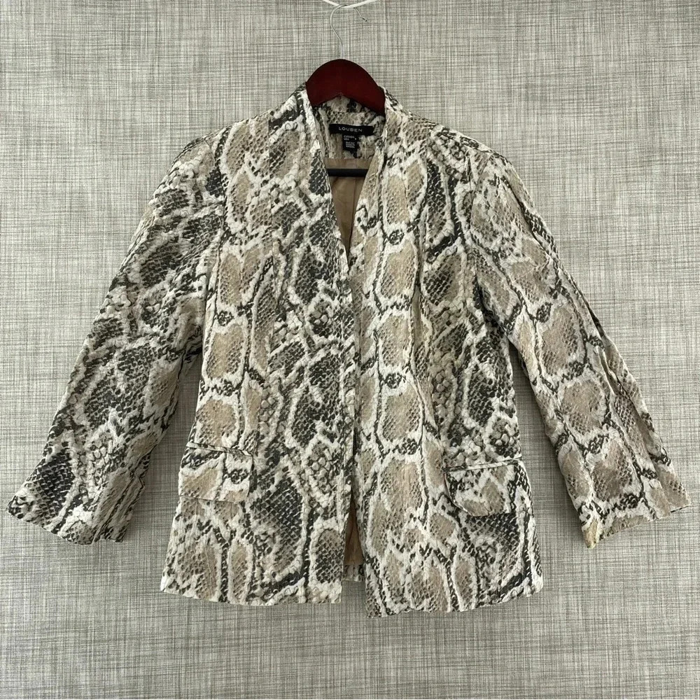 Vintage Louben Canada USA Linen Snake Print Open Front Long Sleeve Blazer 6